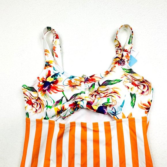 Cupshe Orange Striped/Floral Ruched Top Swimsuit w/Cutout - S - NWT - Picture 3 of 10